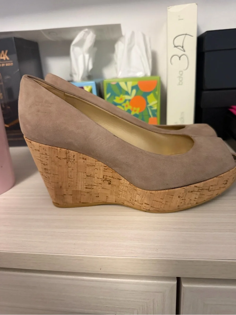 Stuart Weitzman Taupe Suede Peep-Toe Pumps with Gold Accent - Picture 4 of 8